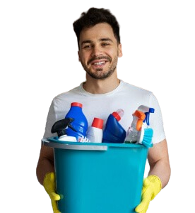 Building cleaner in dubai holding cleaning items in dubai